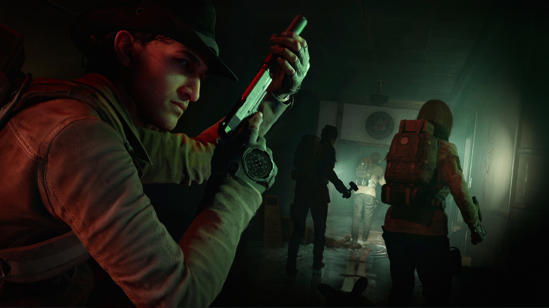 Responders moving together through a dark interior
