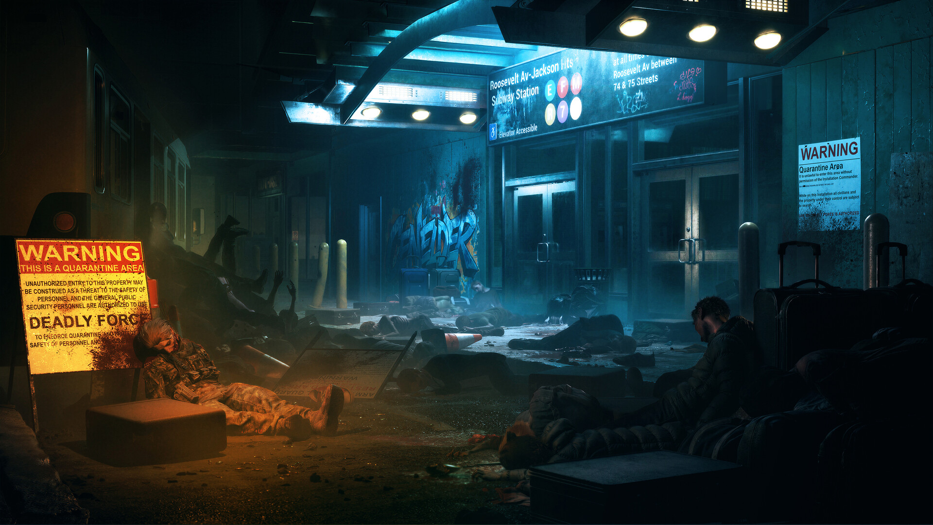 A quarantined city subway entrance at night